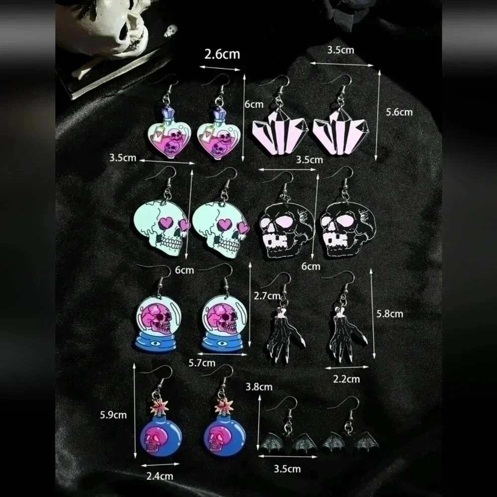 8 set skull Gothic vintage earrings jewelry silver dangle charm purple pastel